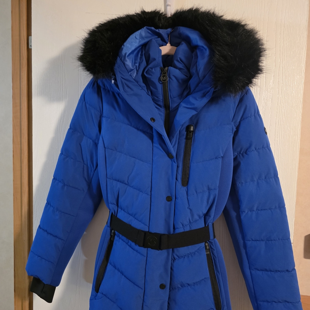 Michael Kors Royal Blue Puffer Jacket with Black Fur Hood